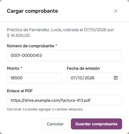 Formulario Cargar comprobante con número, monto, fecha de emisión y enlace al PDF