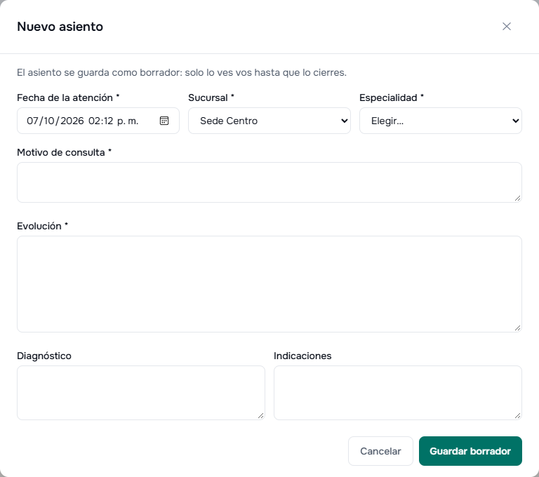 Formulario Nuevo asiento con fecha, sucursal, especialidad, motivo, evolución, diagnóstico e indicaciones