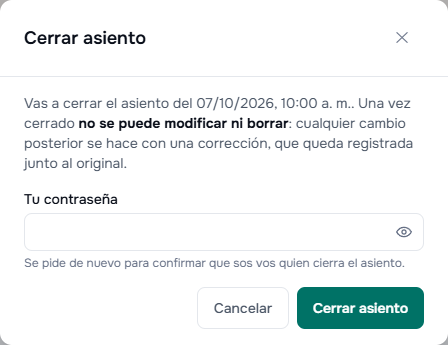 Confirmación para cerrar un asiento con el pedido de contraseña