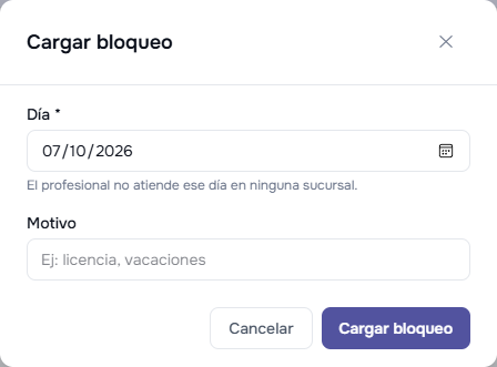 Formulario Cargar bloqueo con día y motivo