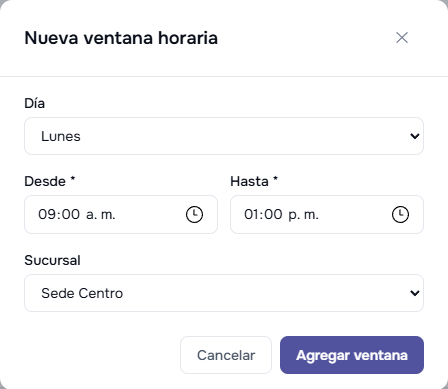 Formulario Nueva ventana horaria con día, desde, hasta y sucursal