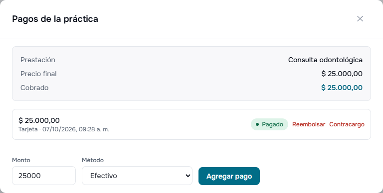 Ventana de pagos de una práctica con el precio final, lo cobrado y el formulario para agregar un pago
