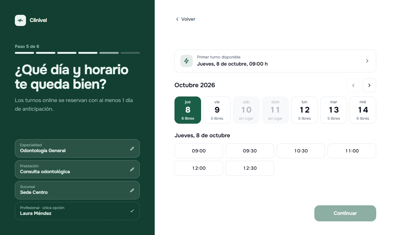 Elección de día y horario, con el atajo al primer turno disponible